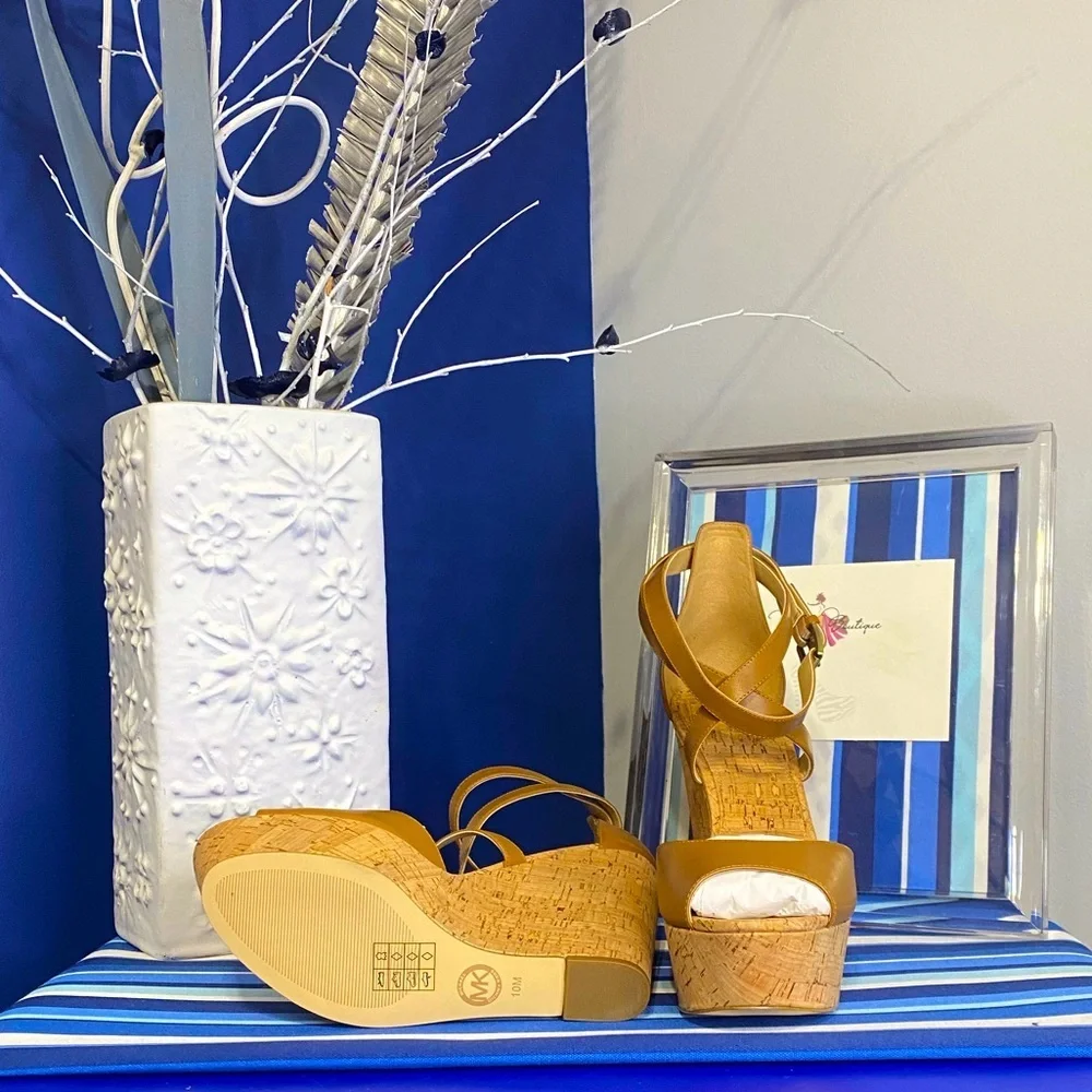 Michael Kors brown cork platform wedge strappy ankle high heel sandals Sz 10 - Picture 3 of 15
